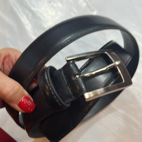 BLACK LEATHER PLAIN Belt 37-41” DNL6664 brushed silver square buckle career men - Picture 4 of 8